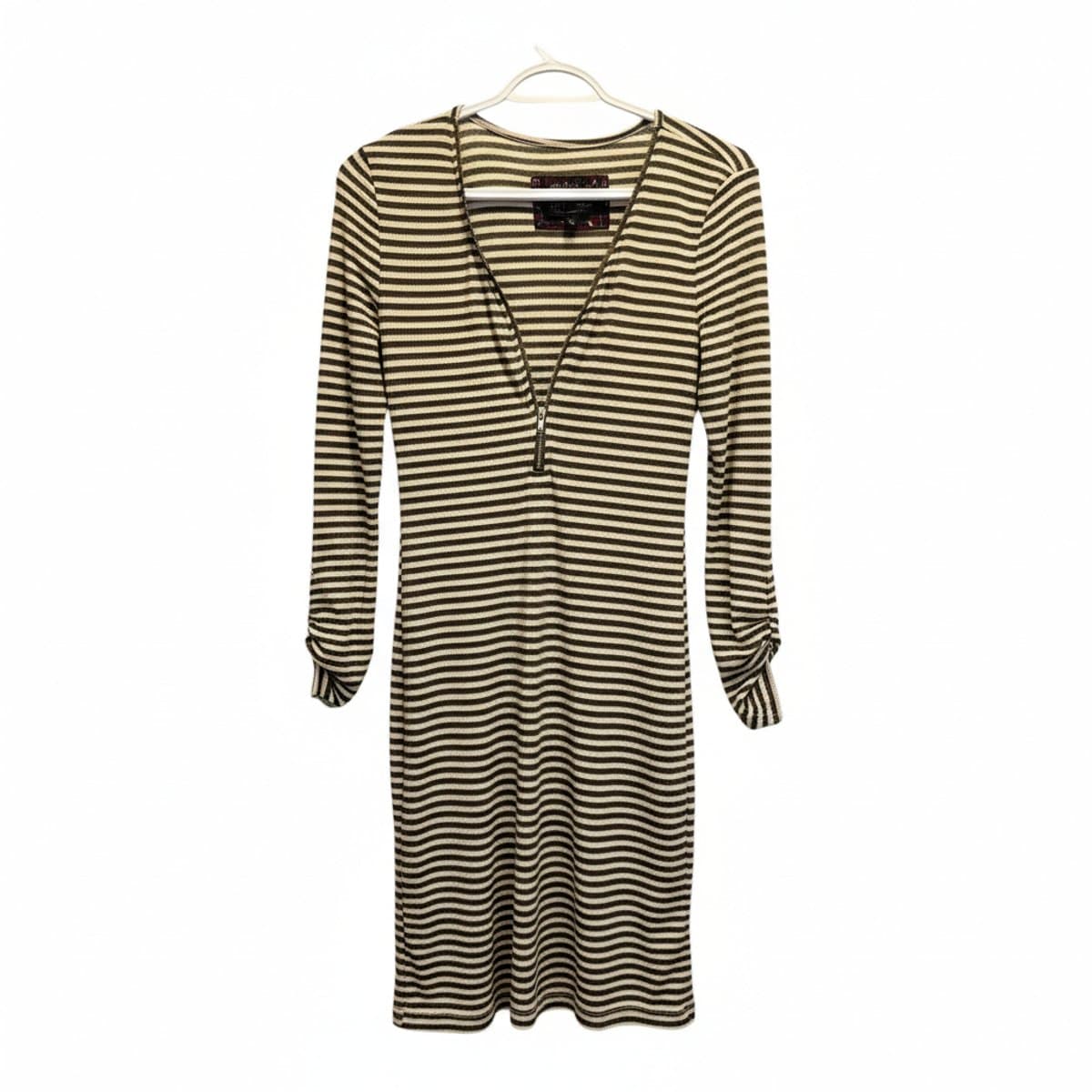 Tulsa Road Effortless Olive Striped Ribbed Knit Midi Dress