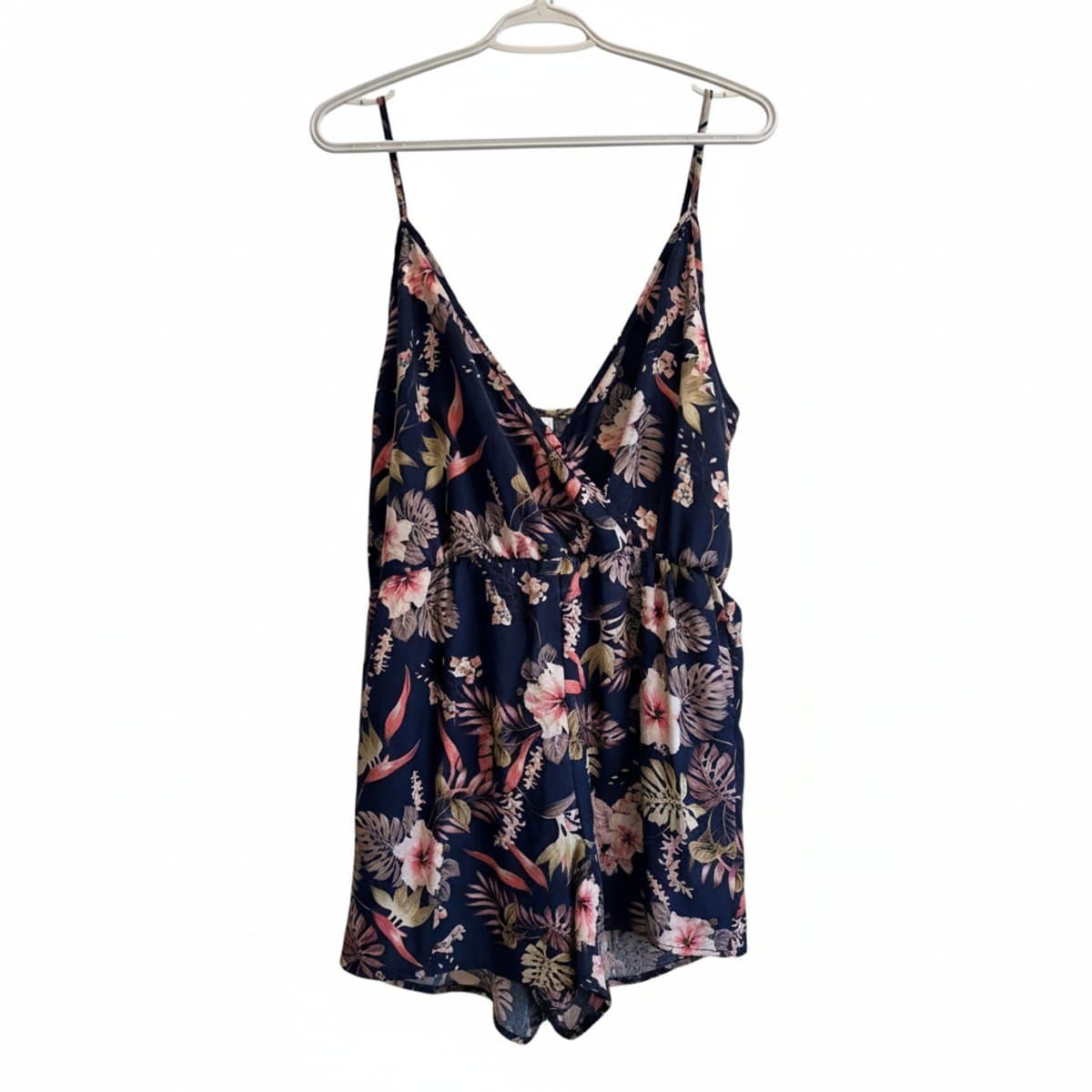 Midnight Tropical Oasis Wrap-Front Floral Romper