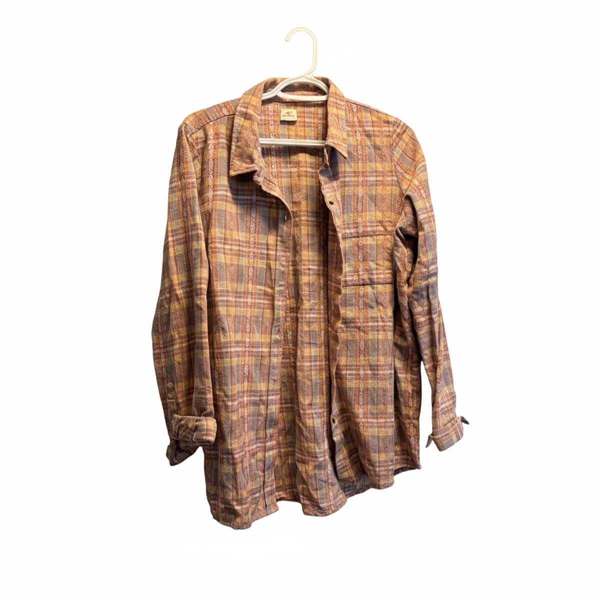  Earth-Tone Plaid Button-Down with Geometric Detail