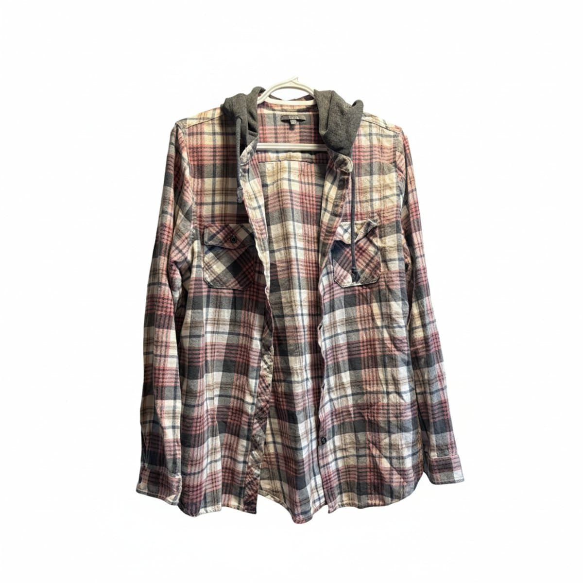 Hooded Flannel Plaid Overshirt in Dusty Rose & Charcoal