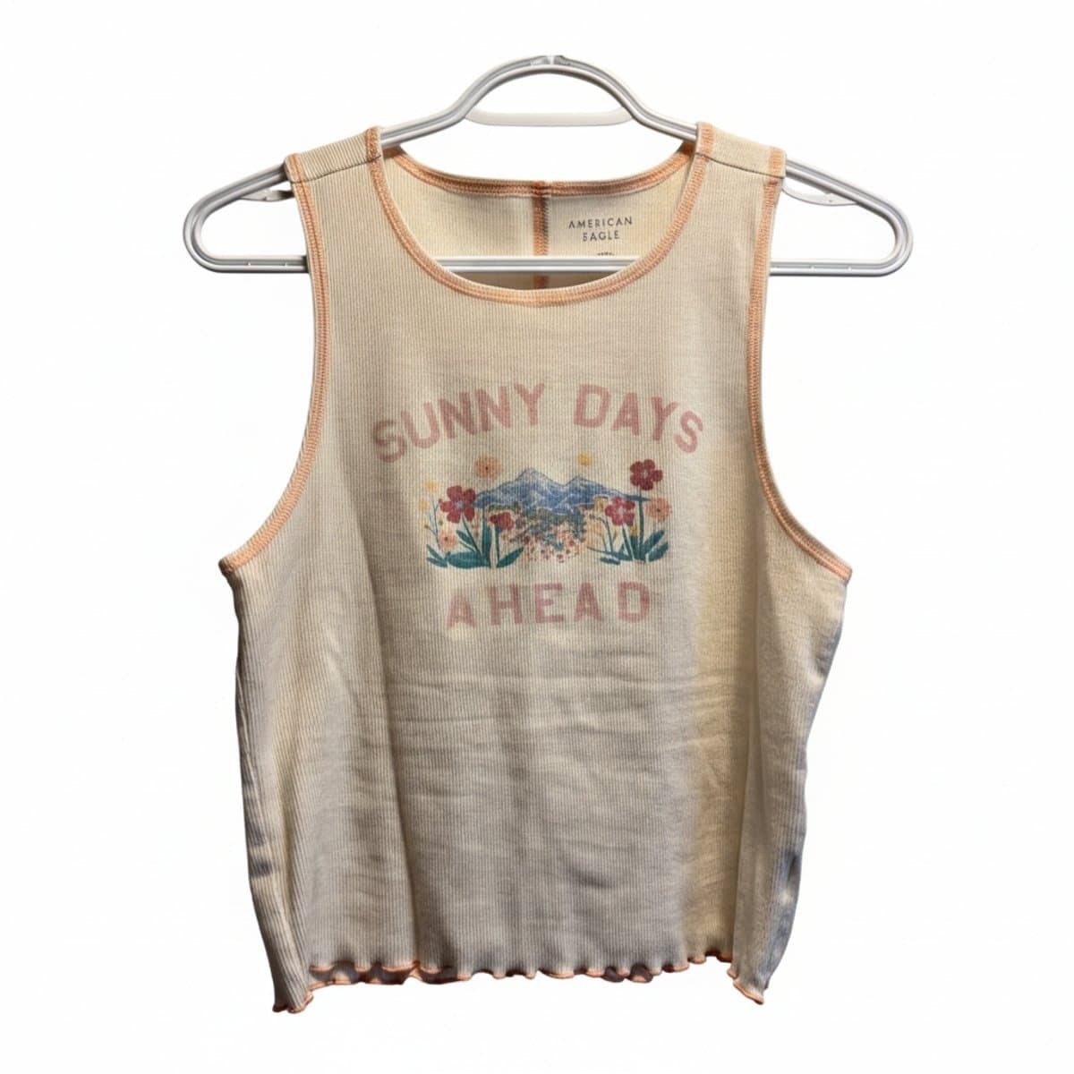 American Eagle 'Sunny Days Ribbed Graphic Tank with Lettuce Hem