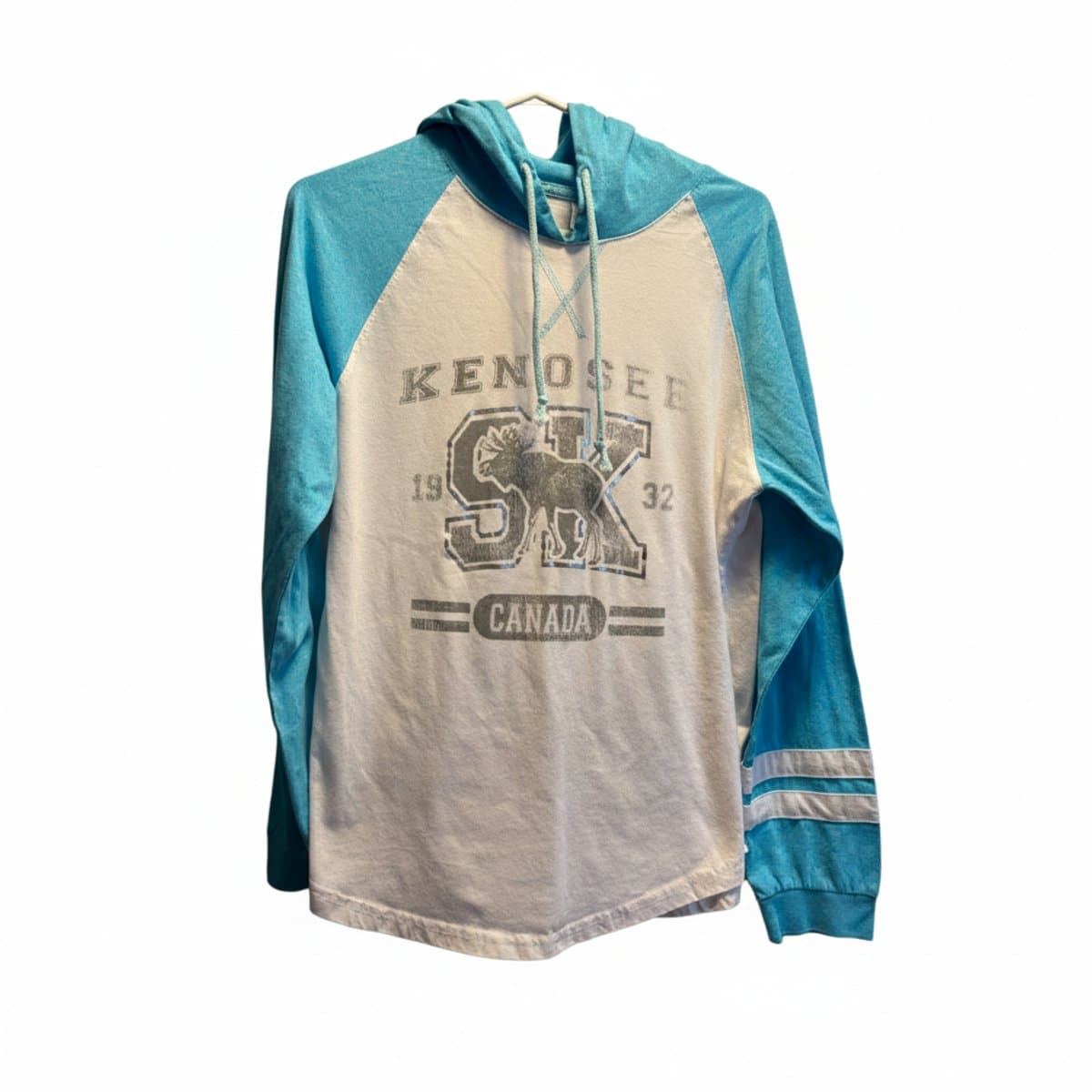 Vintage-Inspired Kenosee Lake Raglan Hoodie in Turquoise & White