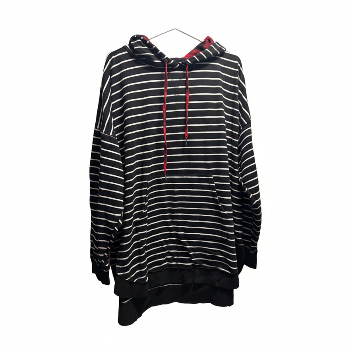 Edgy Monochrome Striped Hoodie with Buffalo Plaid Accents