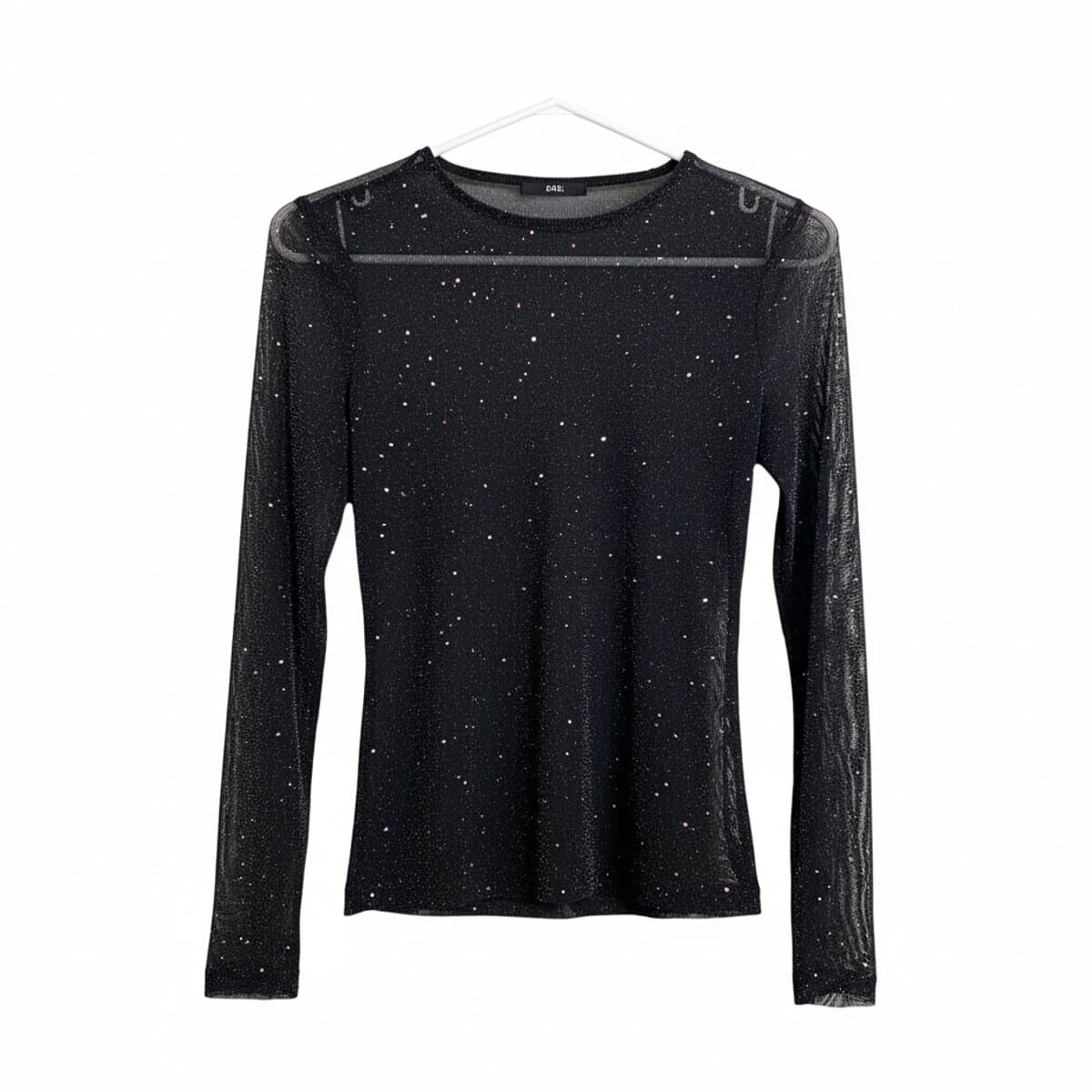Stardust Noir: Celestial Sheer Glitter Mesh Long Sleeve Top
