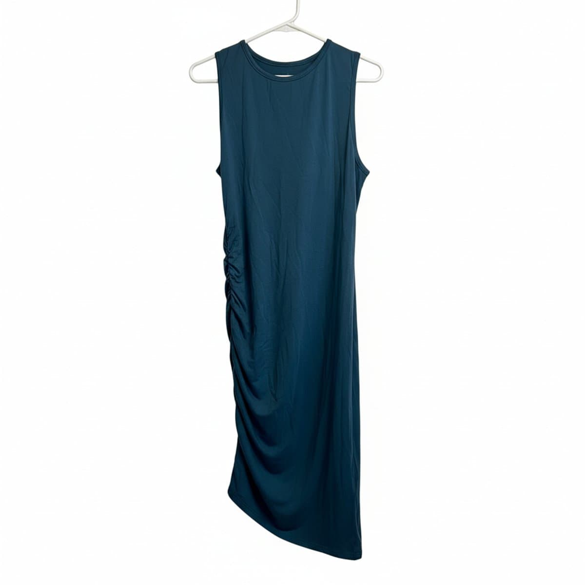 Effortless Slate Teal Ruched Side Sleeveless Midi Dress