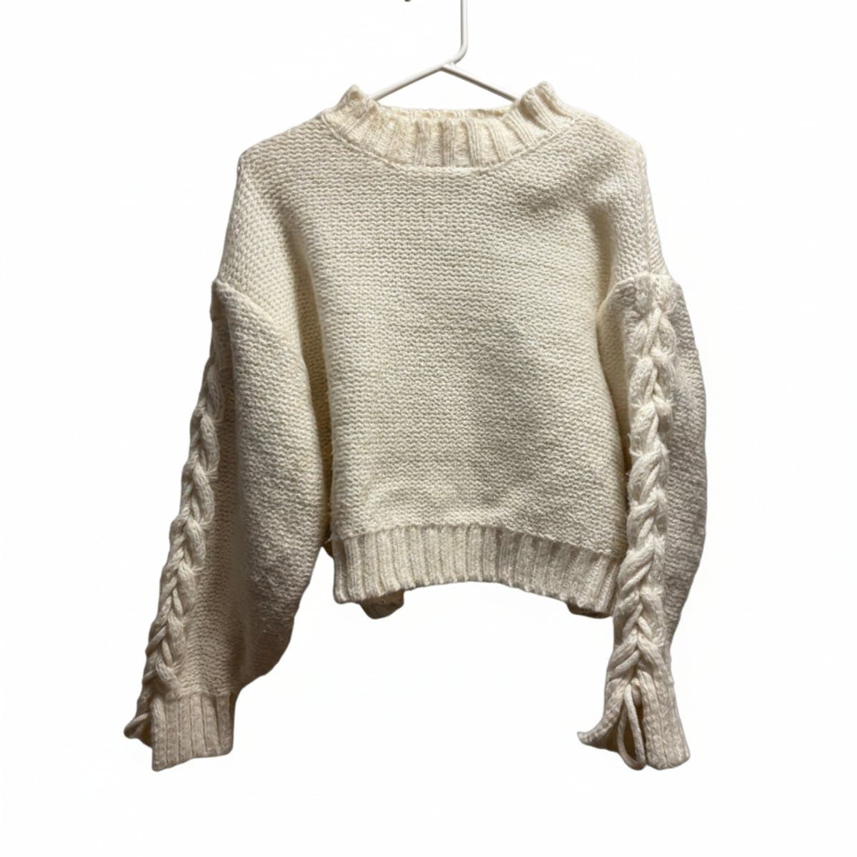 Chic Artisanal Braided-Sleeve Mock Neck Sweater in Winter Cream