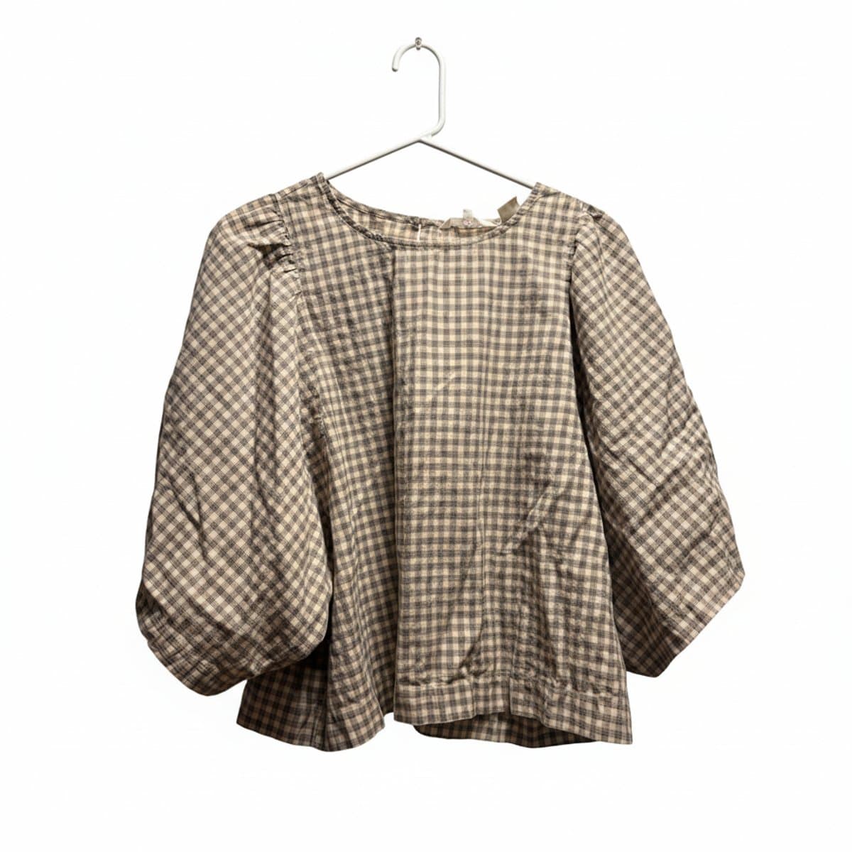 Rustic Romance: Neutral Gingham Lantern-Sleeve Blouse