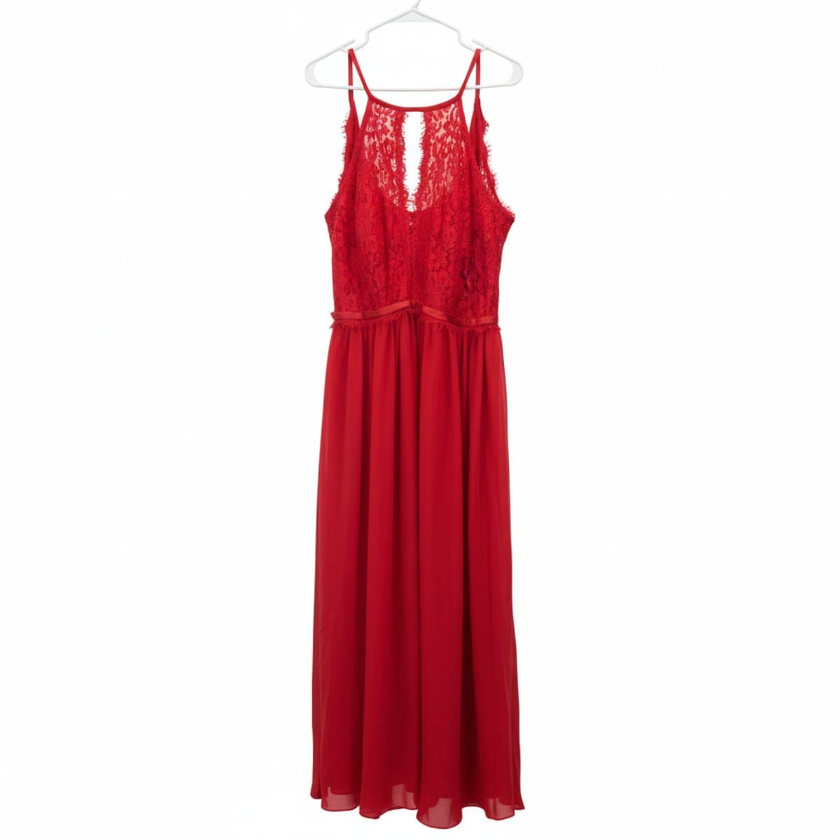 Radiant Crimson Lace & Chiffon Eyelash Maxi Gown