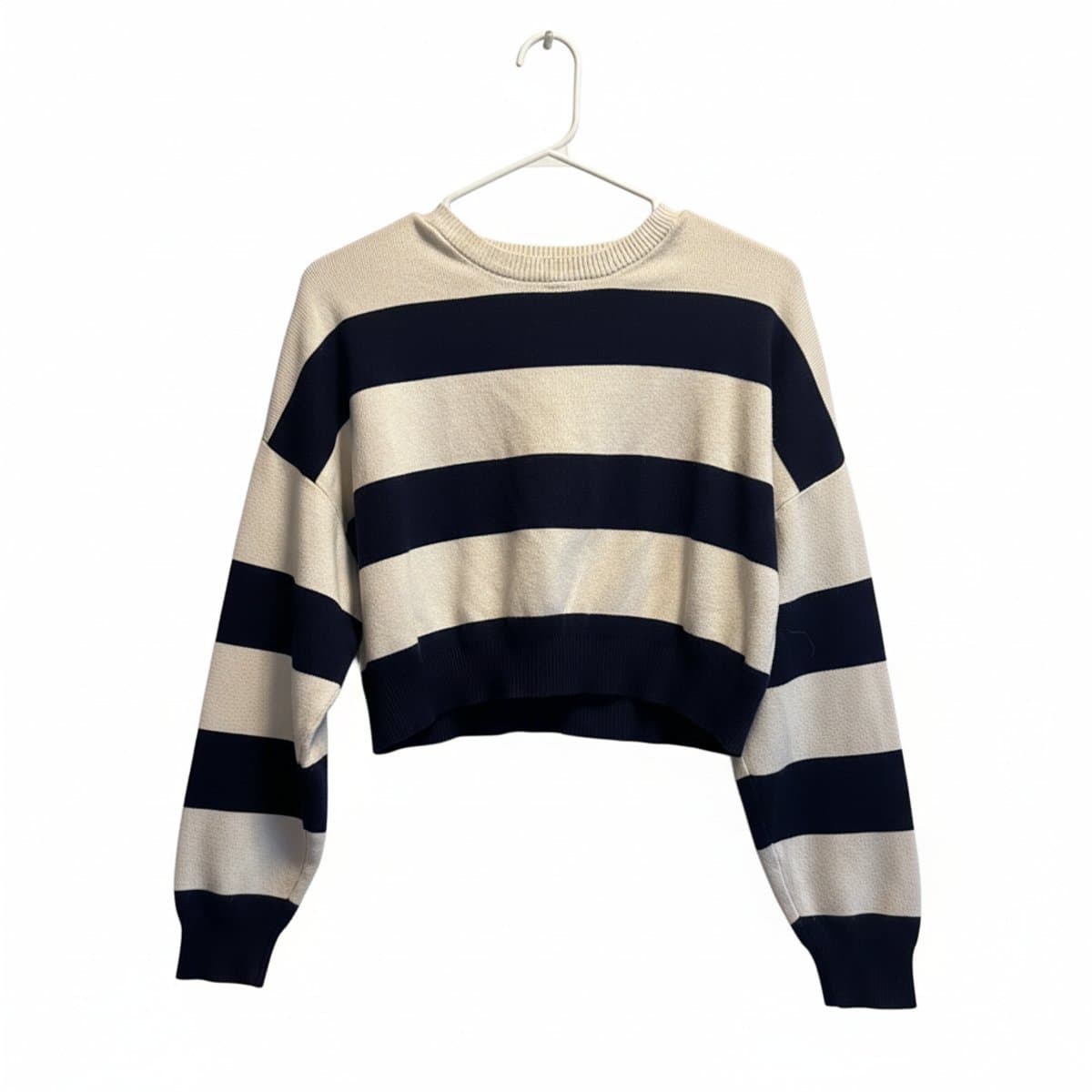 Classic Navy & Cream Striped Cropped Knit Sweater