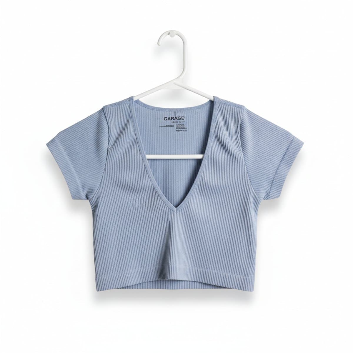 Garage Essential Ribbed V-Neck Cropped Tee - Dusty Blue