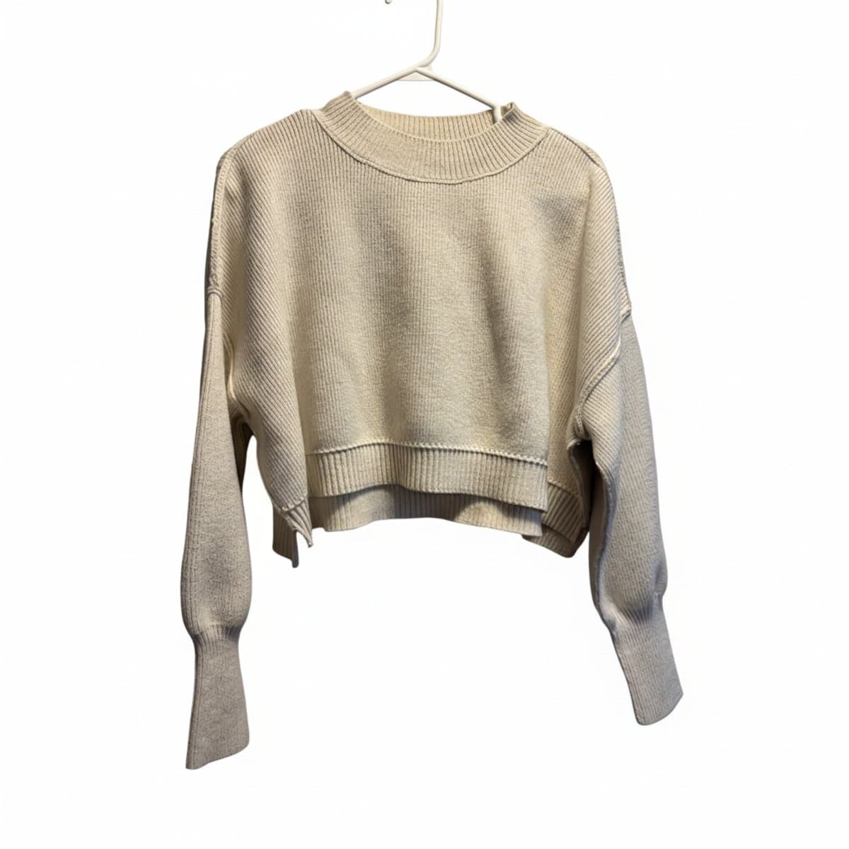 Minimalist Cream Mock Neck Cropped Knit Sweater