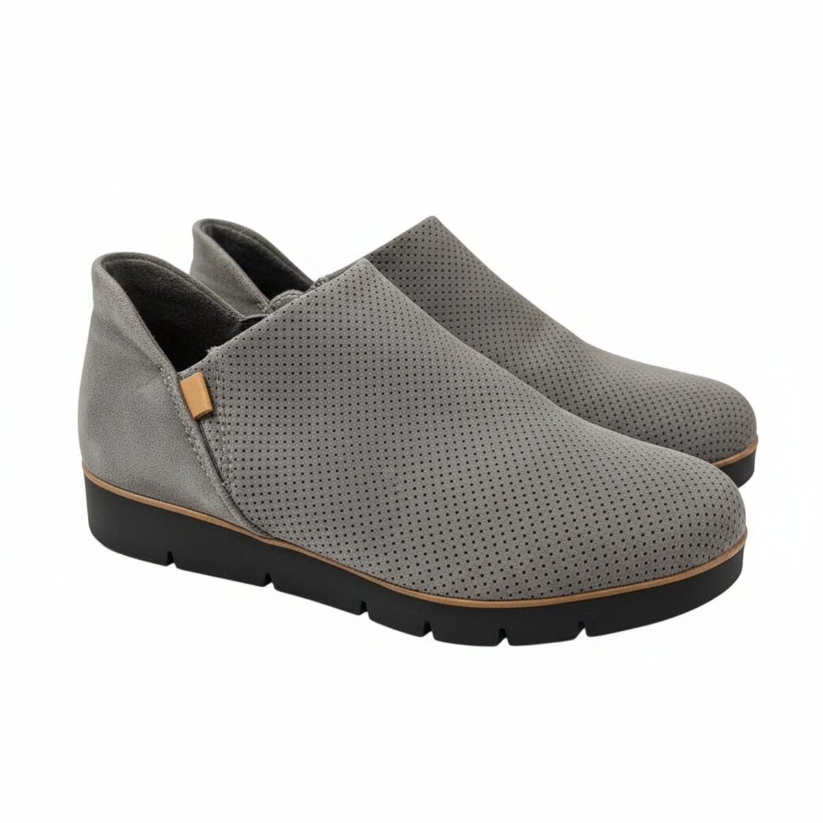 Minimalist grey perforated slip-on ankle booties with side-zip closure, available at handpicked306 boutique.
