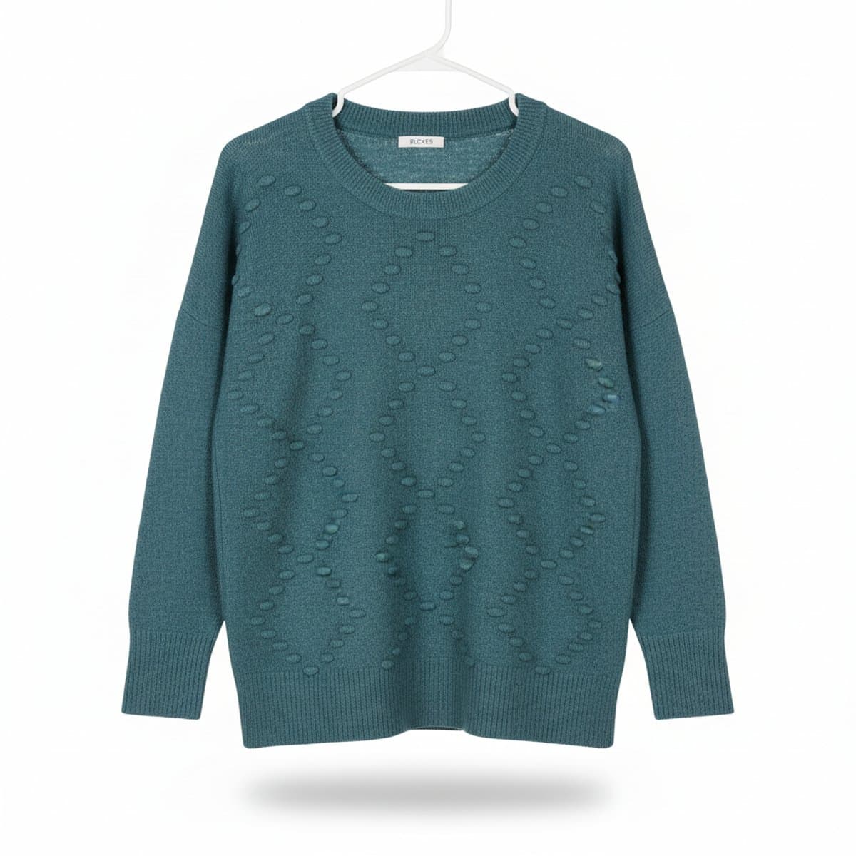 Ricki's teal blue textured knit sweater with diamond bobble details, crew neck, long sleeves, available at handpicked306 boutique in Carlyle SK.