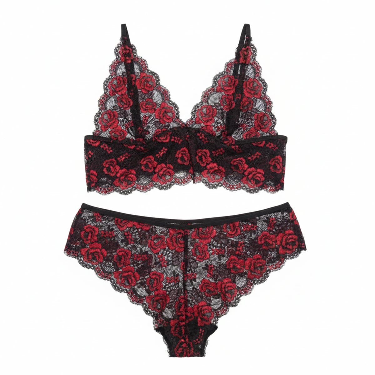 Vintage Romantic Black & Crimson Rose Lace Lingerie Set