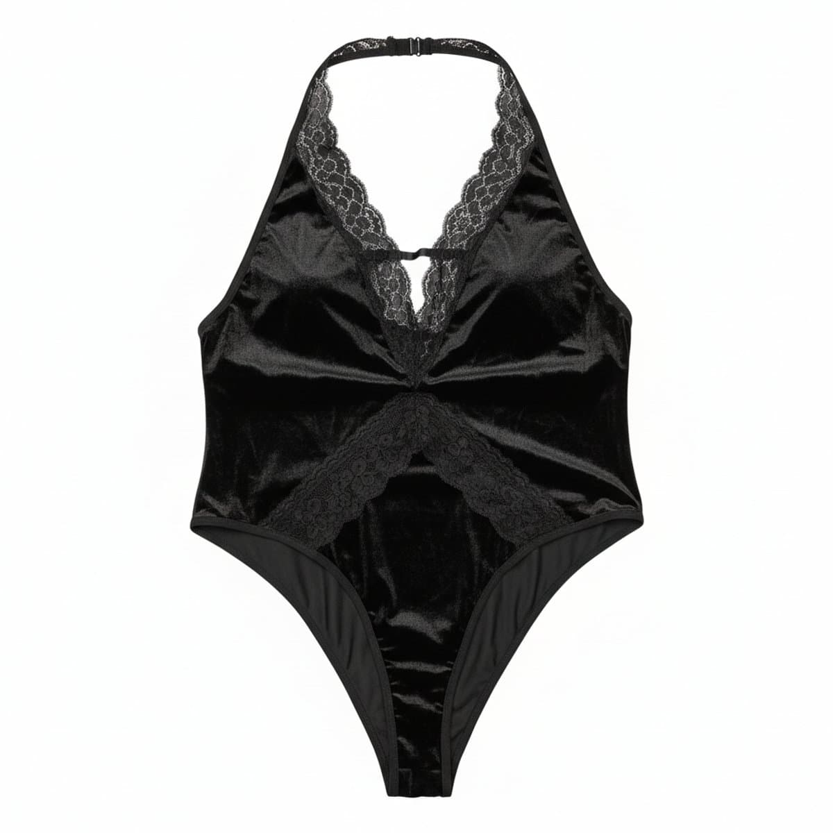 A black velvet halter bodysuit with delicate lace trim, deep v-neckline, minimalist aesthetic, available at handpicked306 boutique in Carlyle SK.