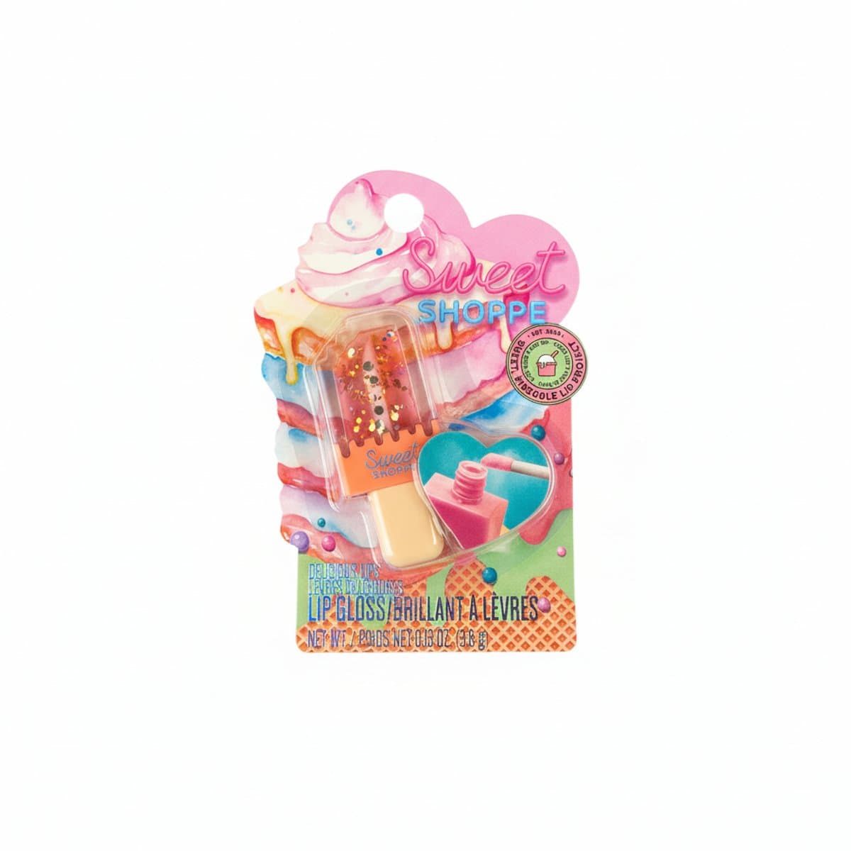 Sweet Shoppe popsicle-shaped glitter lip gloss, brand new on original packaging, playful Y2K aesthetic beauty item available at handpicked306 boutique in Carlyle SK.