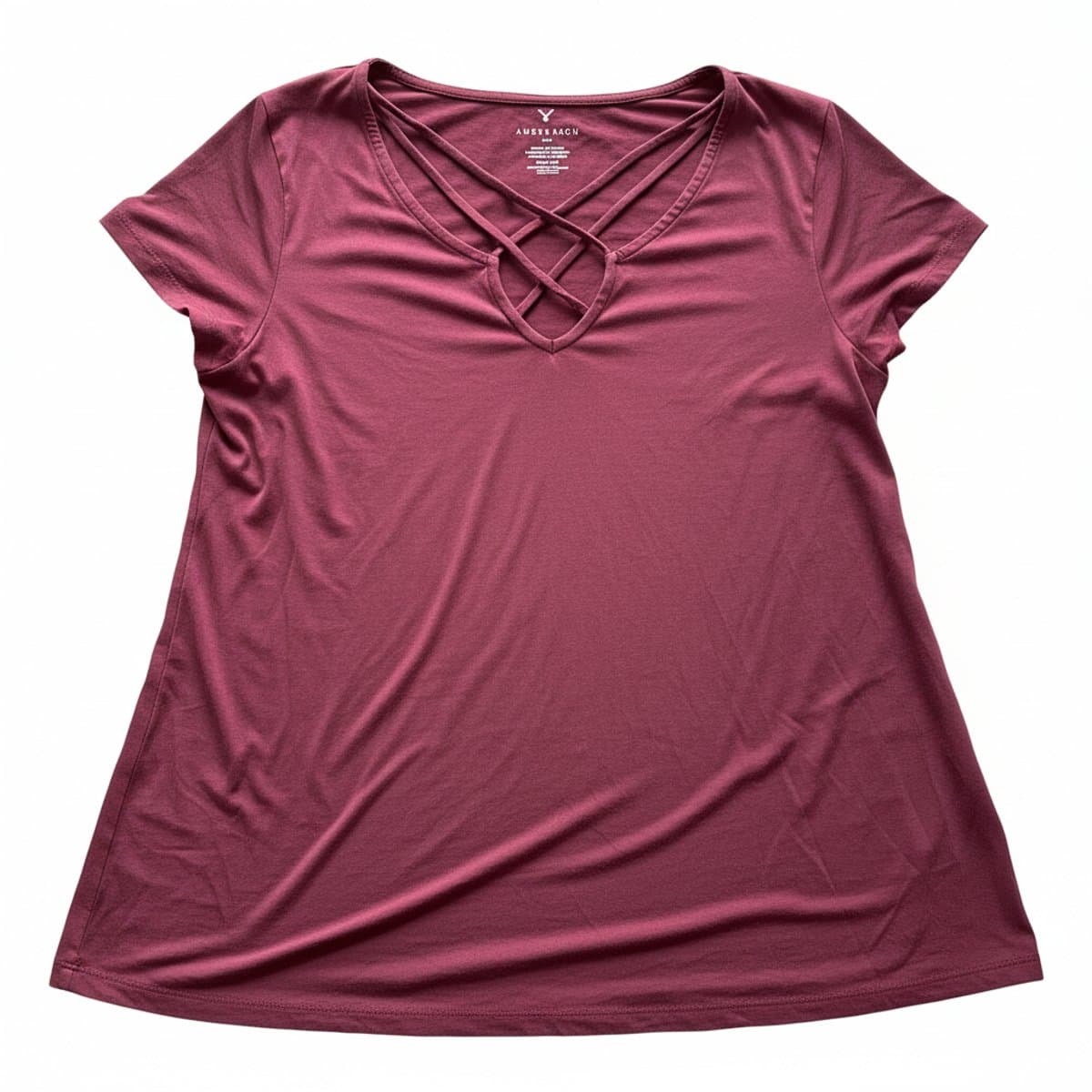 Women's American Eagle deep plum t-shirt with trendy criss-cross strap neckline, size Large, available at handpicked306 boutique.