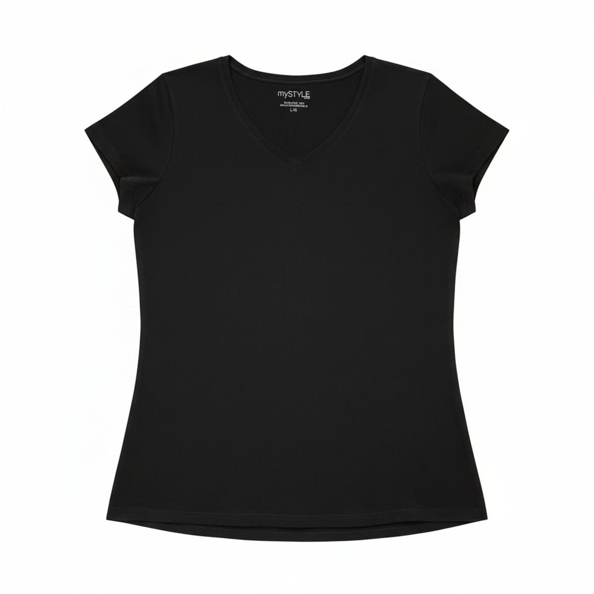 Womens mySTYLE essential black V-neck stretch t-shirt, size large, minimalist basic staple, available at handpicked306 boutique in Carlyle SK.