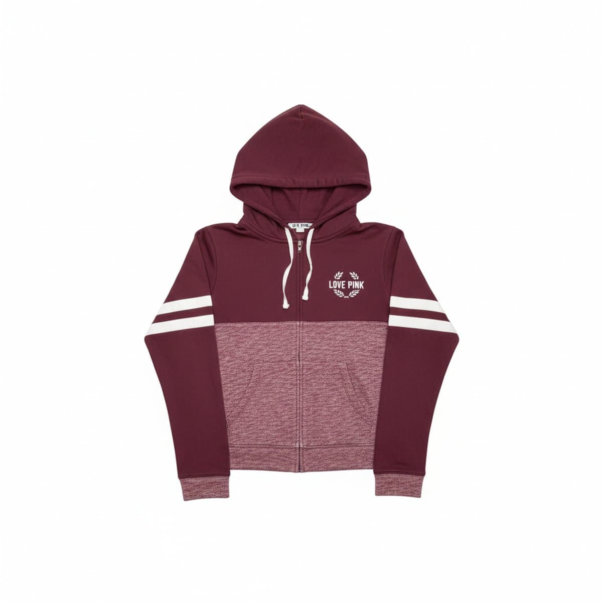 Women's Victoria's Secret PINK maroon heathered zip-up hoodie with white varsity stripes, available at handpicked306 boutique in Carlyle SK.