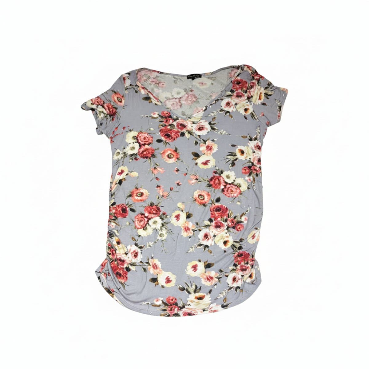 Women's Time and Tru grey floral print V-neck top with side-seam ruching, size M, available at handpicked306 boutique in Carlyle SK.