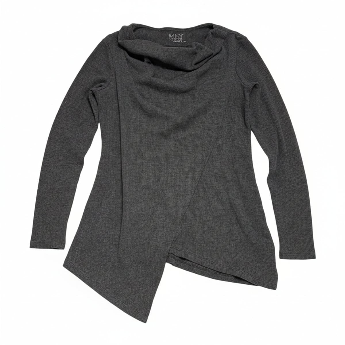 Women's MNY charcoal grey waffle-knit tunic with a cowl neck and asymmetrical hem, available at handpicked306 boutique in Carlyle SK.
