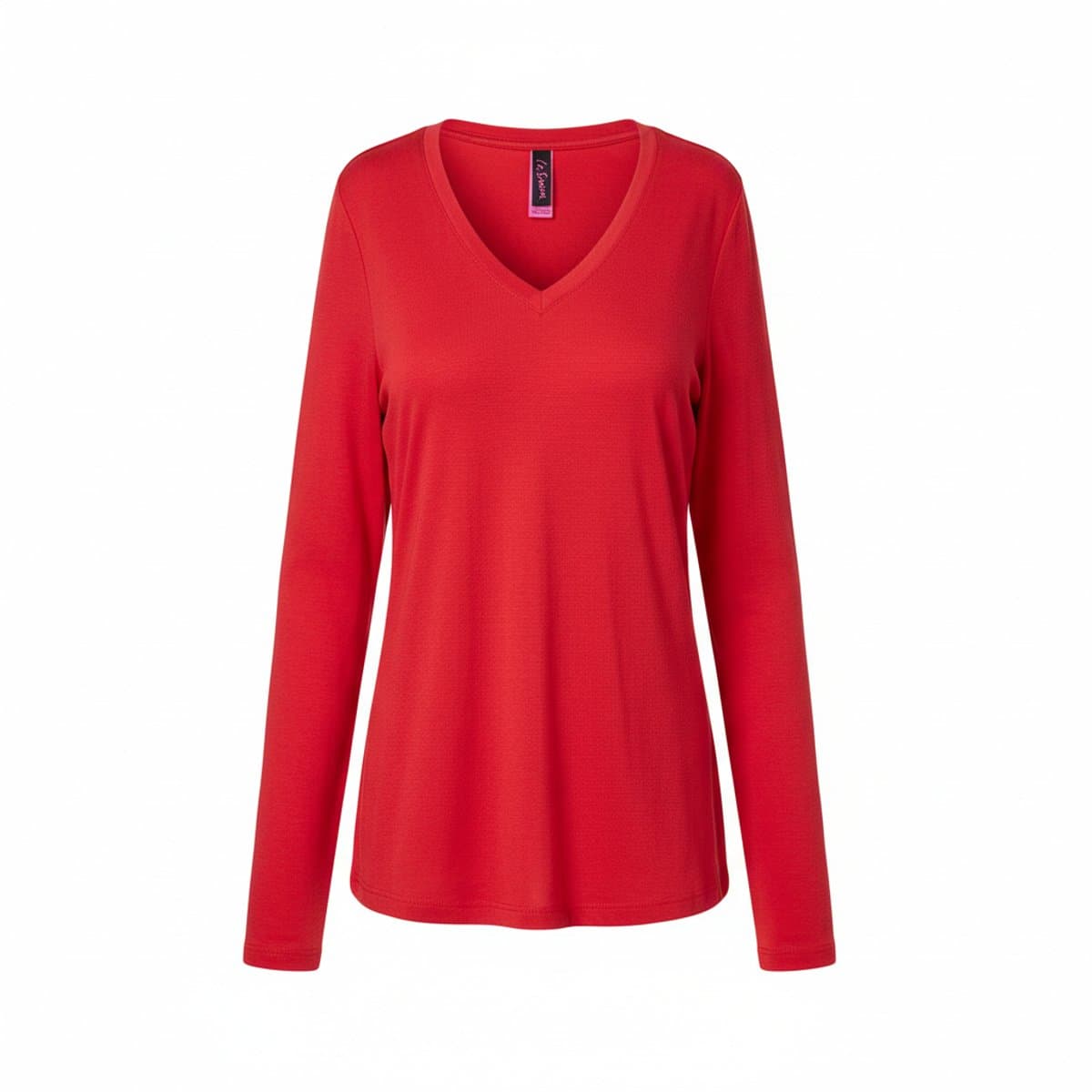 Women's La Senza vibrant scarlet red V-neck long sleeve shirt, lightweight knit fabric, minimalist style, available at handpicked306 boutique in Carlyle SK.