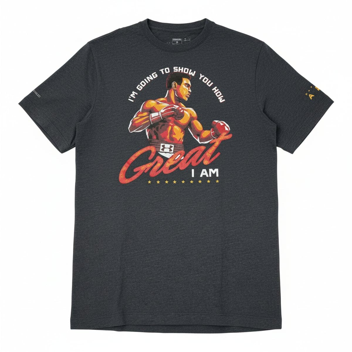 Under Armour x Muhammad Ali charcoal heather performance t-shirt with 'Great I Am' graphic, size Large, available at handpicked306 boutique.
