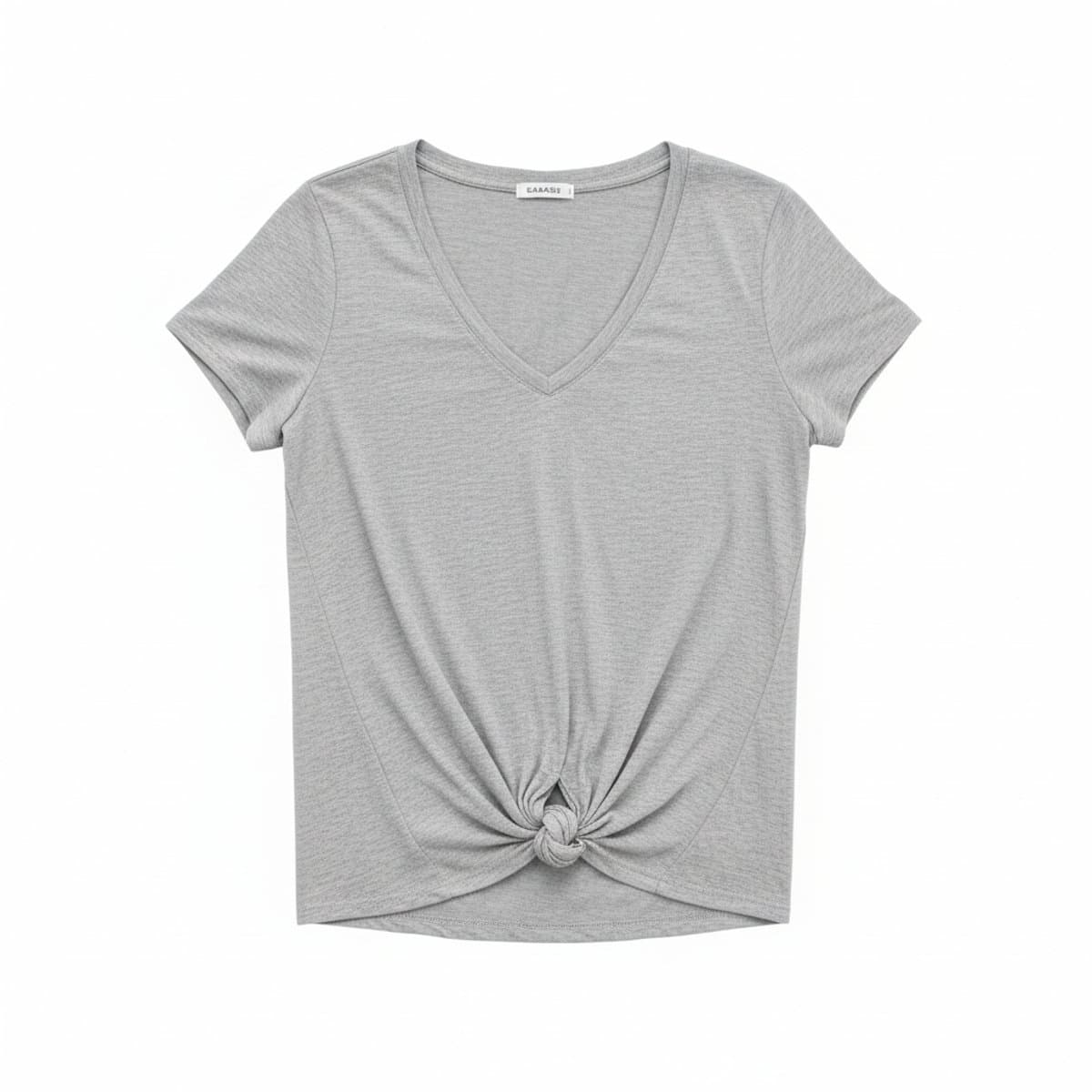 Womens Garage heather grey V-neck t-shirt with tie-front detail, casual minimalist style, available at handpicked306 boutique.