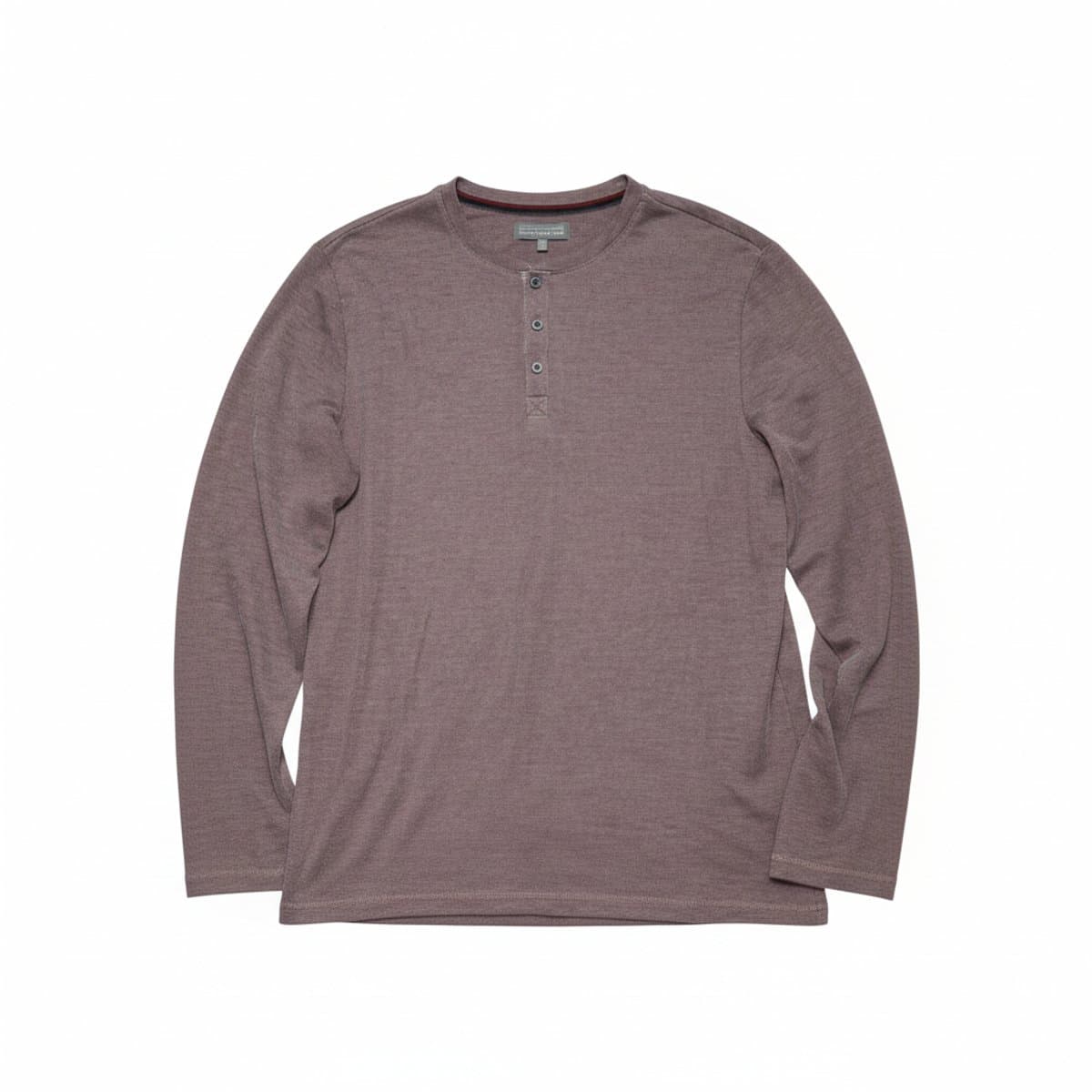Denver Hayes mauve heathered long sleeve henley shirt, classic three-button placket, men's size medium, available at handpicked306 boutique in Carlyle SK.