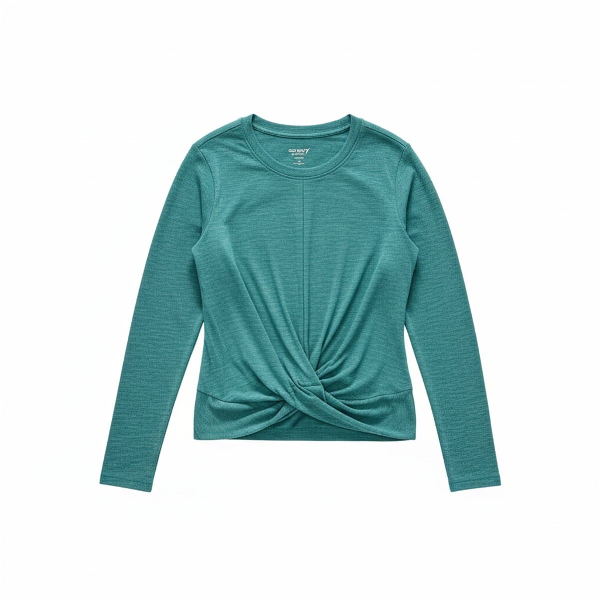 Womens Old Navy Active long sleeve shirt in heathered teal with a twist-front hem, performance fabric, size small, available at handpicked306 boutique.