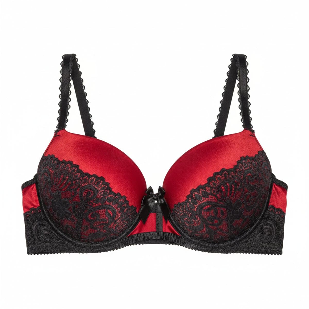 Vintage red and black satin lace push-up bra, intricate floral lace detailing, available at handpicked306 boutique in Carlyle SK.