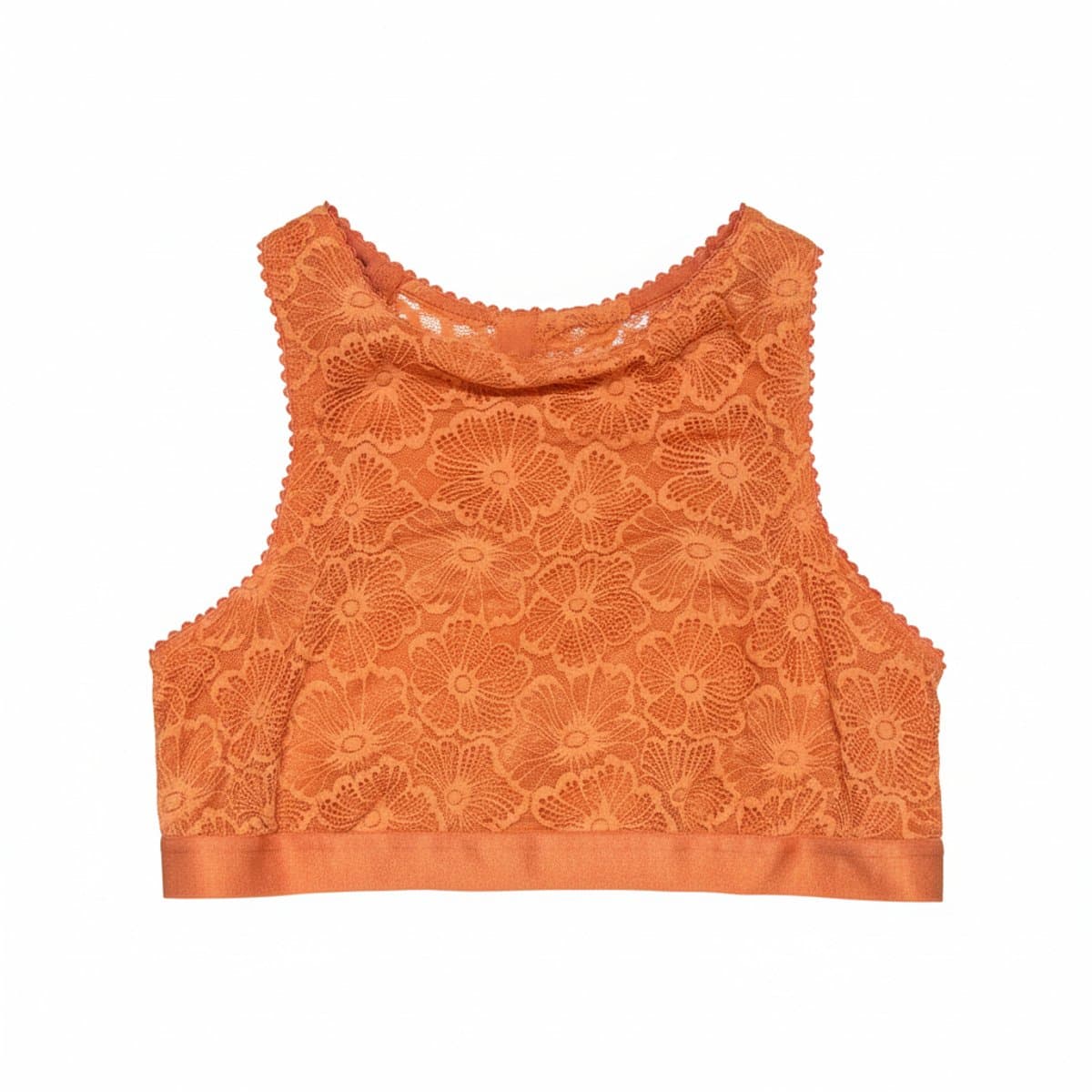 Women's Aerie burnt orange high-neck floral lace bralette, detailed scalloped edges, minimalist aesthetic, available at handpicked306 boutique in Carlyle SK.