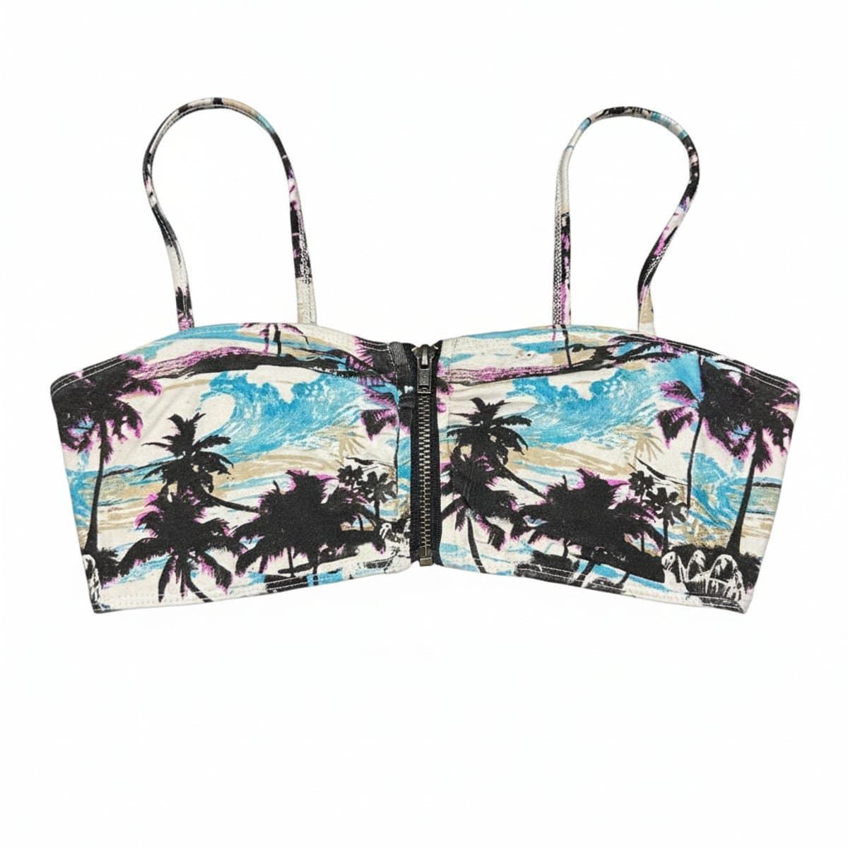 Vintage Palm Print Zip-Front Bralette Top