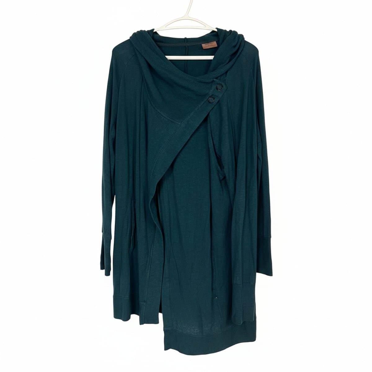 Ecru Teal Asymmetrical Cowl-Neck Lightweight Cardigan