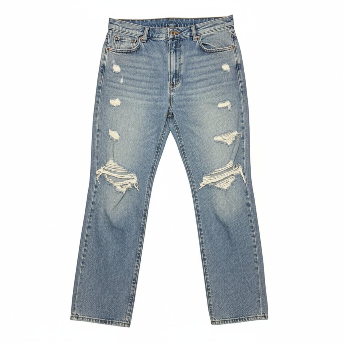 Women's high-rise distressed blue denim jeans by Garage, relaxed fit, vintage light wash aesthetic, available at handpicked306 boutique.