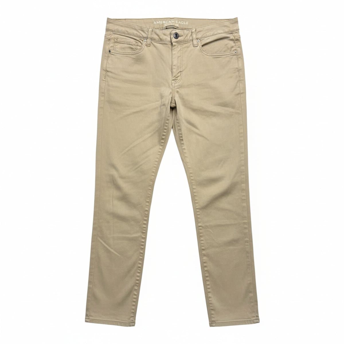 Women's American Eagle Outfitters khaki slim-fit trousers, classic minimalist style, available at handpicked306 boutique in Carlyle SK.