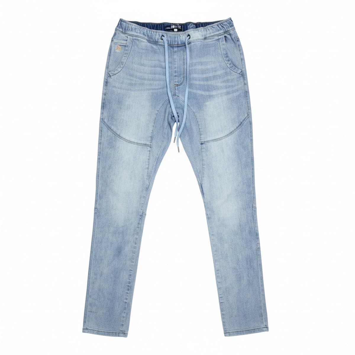 Robin's Jean light wash moto-style denim joggers with drawstring waist, mens luxury casual wear, available at handpicked306 boutique in Carlyle SK.