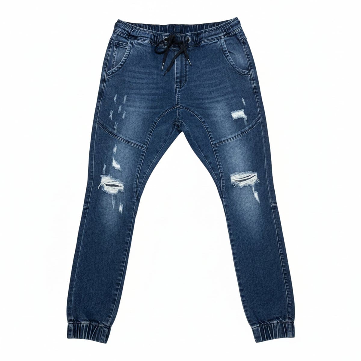 Mens blue denim joggers with distressed detailing and drawstring waist, relaxed fit with elastic ankle cuffs, available at handpicked306 boutique.