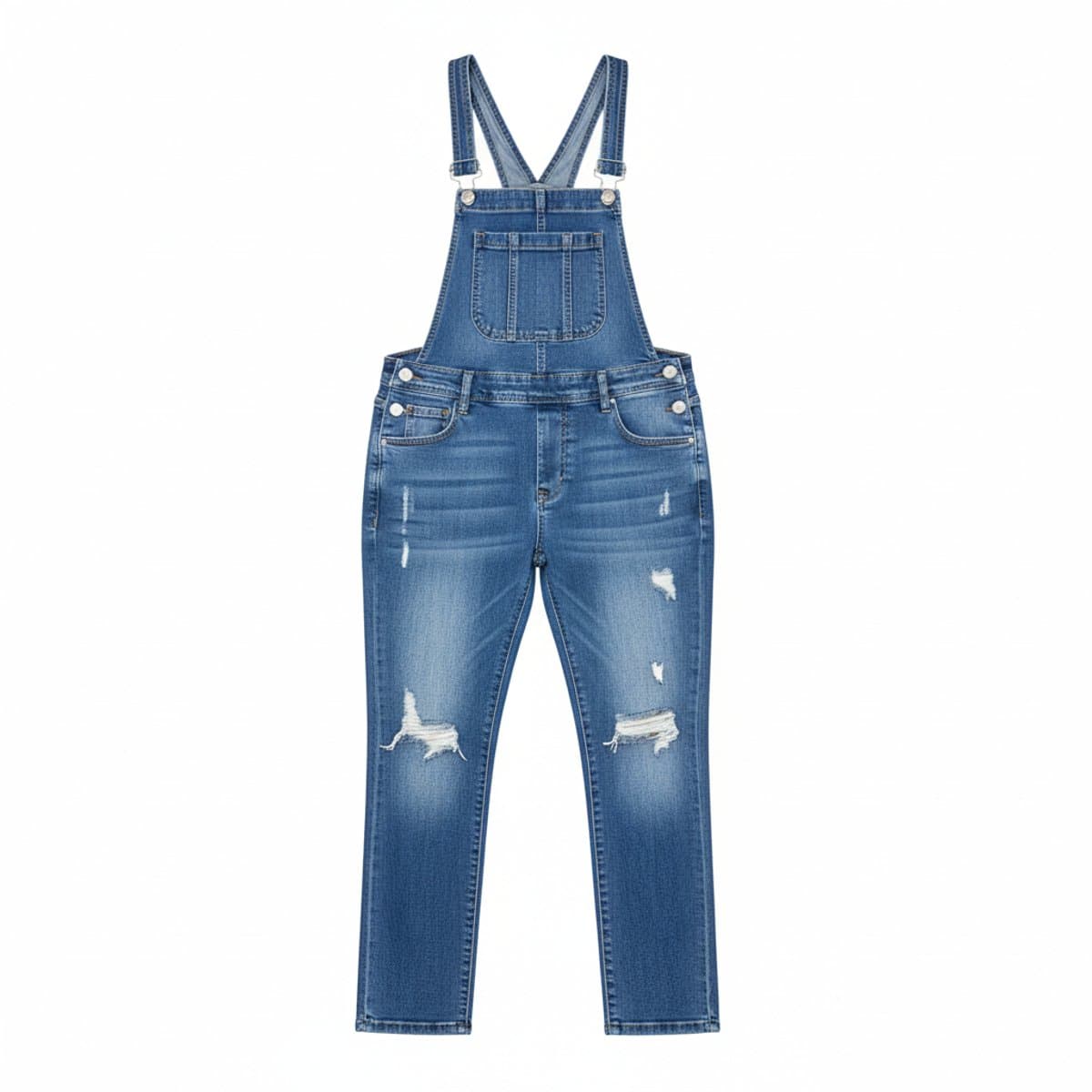Classic Medium-Wash Distressed Denim Overalls