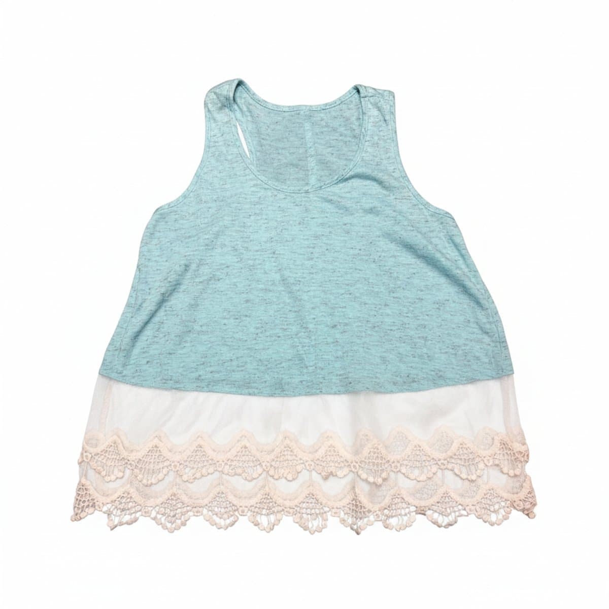 Women's teal marled knit tank top with cream scalloped lace trim hem, bohemian style, available at handpicked306 boutique in Carlyle SK.