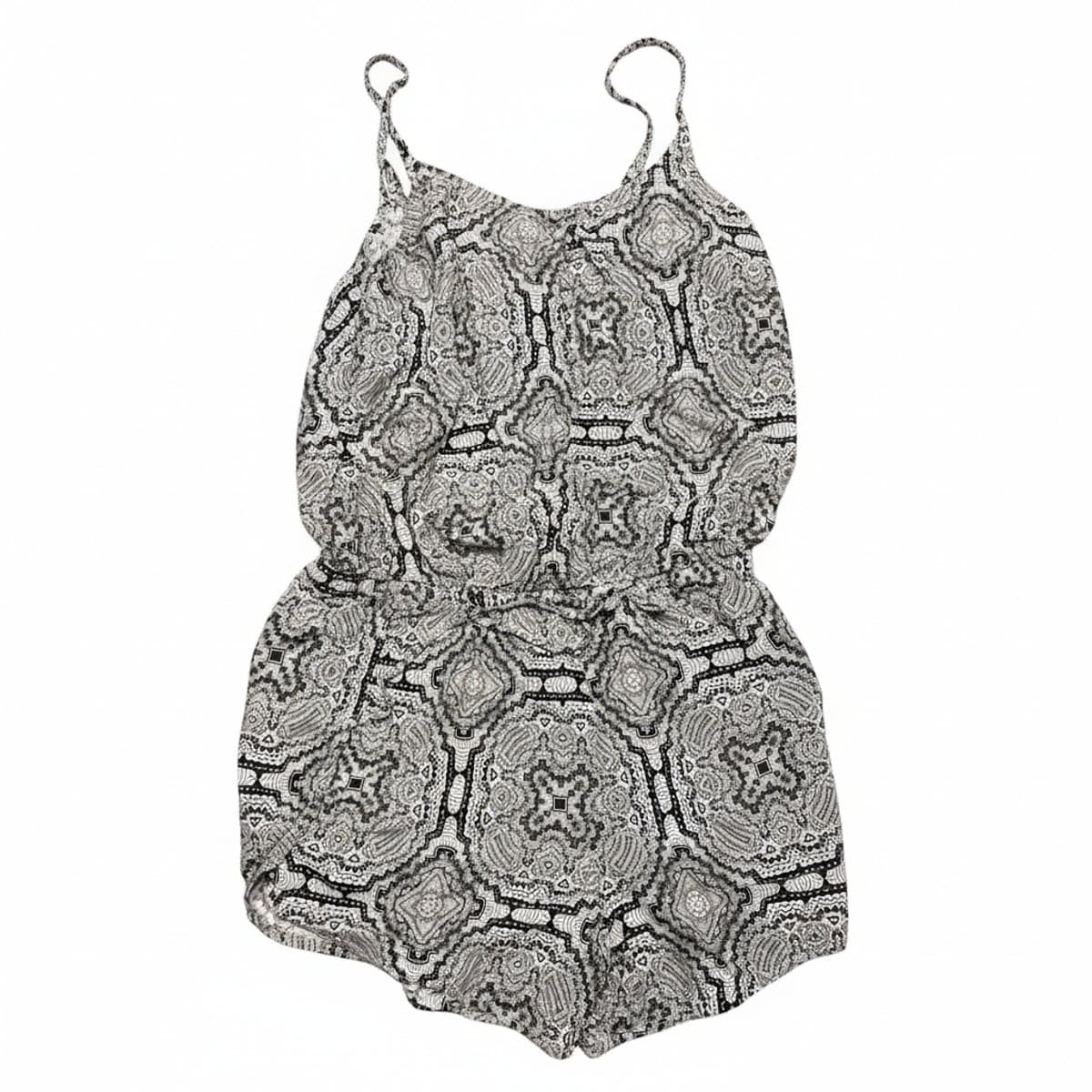 Women's monochromatic black and white geometric print romper with spaghetti straps, breezy fit, available at handpicked306 boutique.