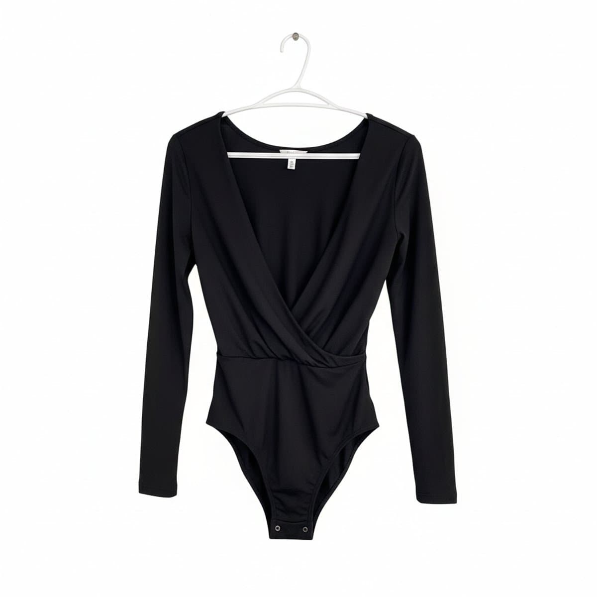 Sleek Black Draped-Front Long Sleeve Bodysuit