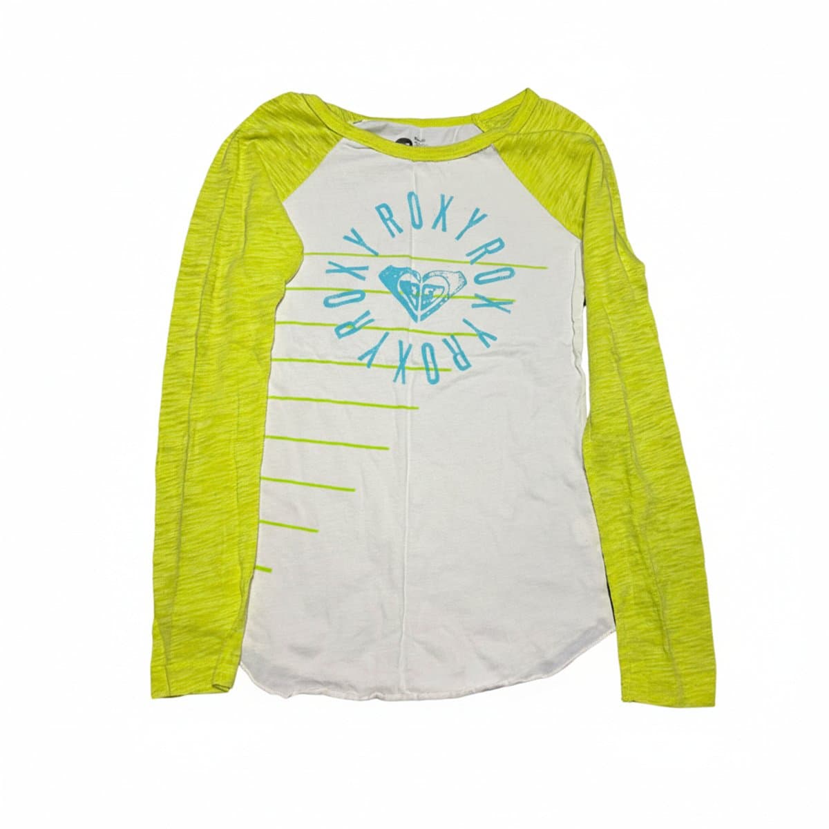 Vintage Roxy raglan long sleeve t-shirt in neon yellow and white, featuring circular logo print, available at handpicked306 boutique in Carlyle SK.