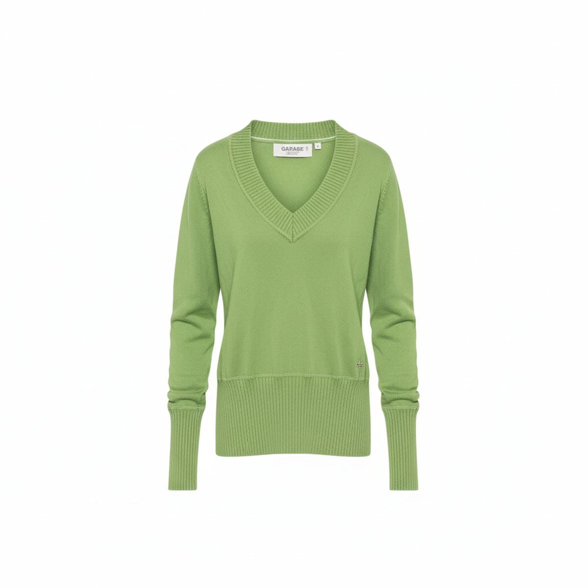 Vintage lime green Garage V-neck knit sweater with subtle star embroidery and wide-ribbed hem, size small, available at handpicked306 boutique in Carlyle SK.