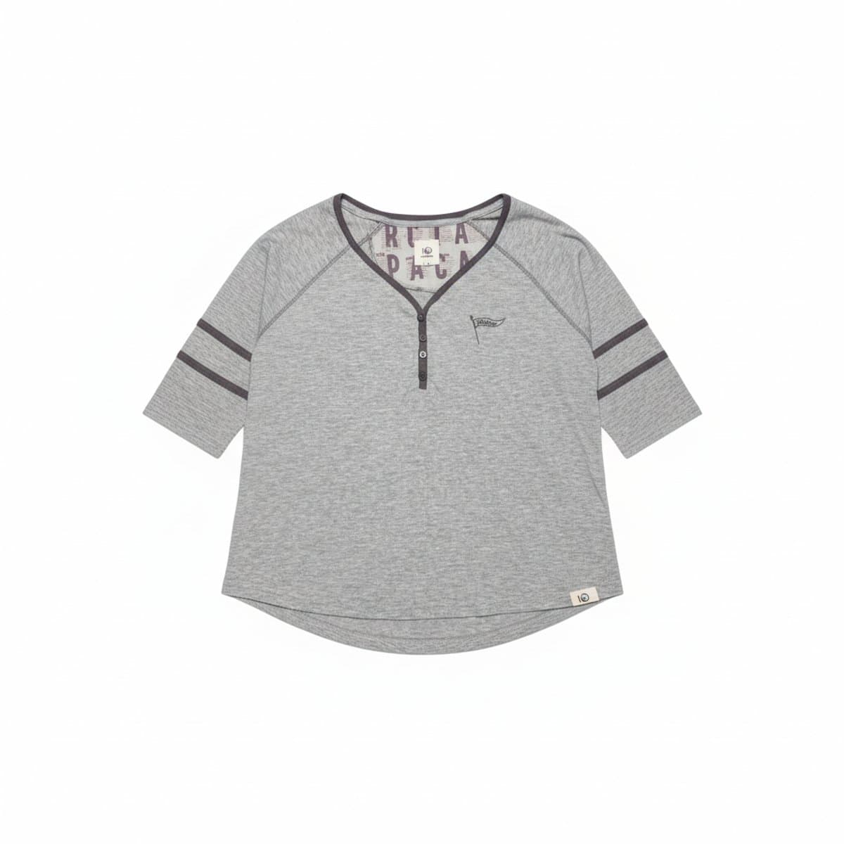 Womens Tentree heather grey soft v-neck henley shirt with button placket, size Large, minimalist sustainable style, available at handpicked306 boutique in Carlyle SK.