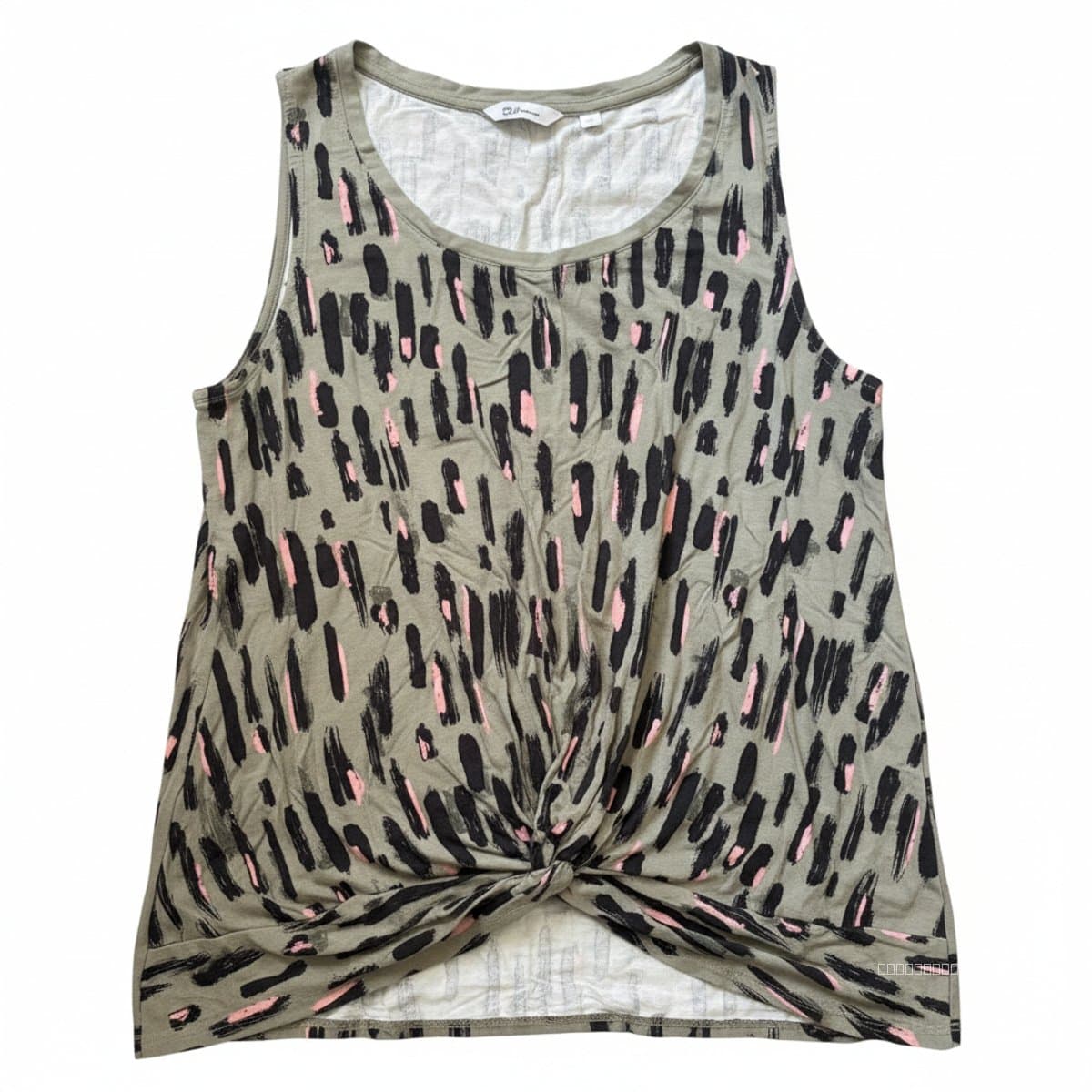Women's Liverpool Los Angeles twist-front tank top in olive green with black and blush brushstroke print, available at handpicked306 boutique.