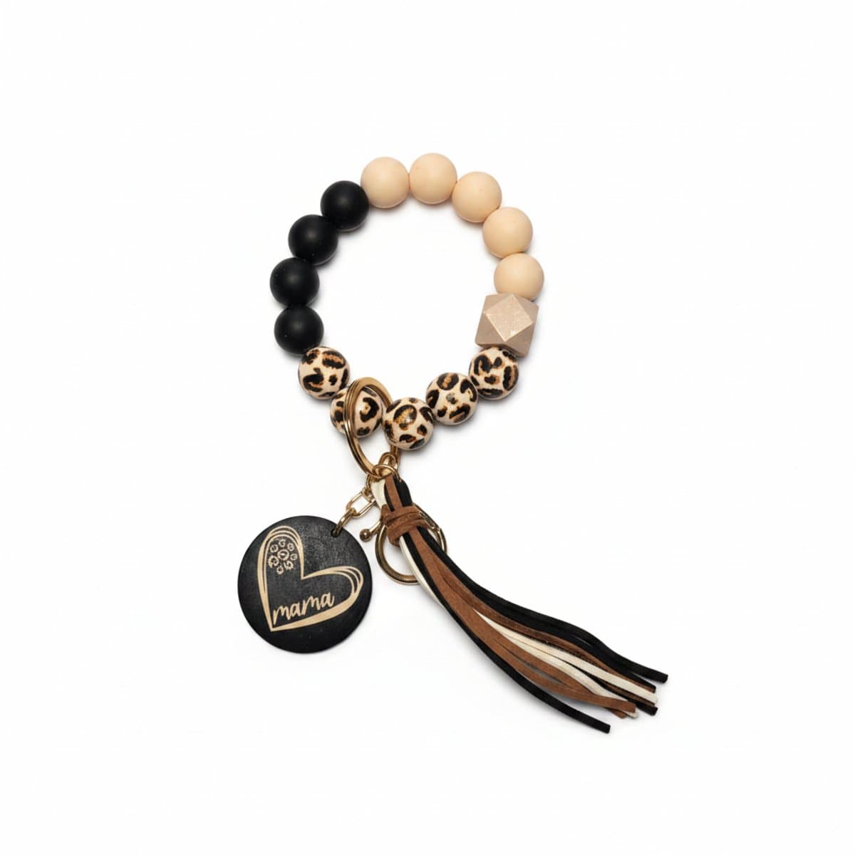 Women's chic beaded 'Mama' keychain bracelet with leopard print accents and faux leather tassel, available at handpicked306 boutique in Carlyle SK.