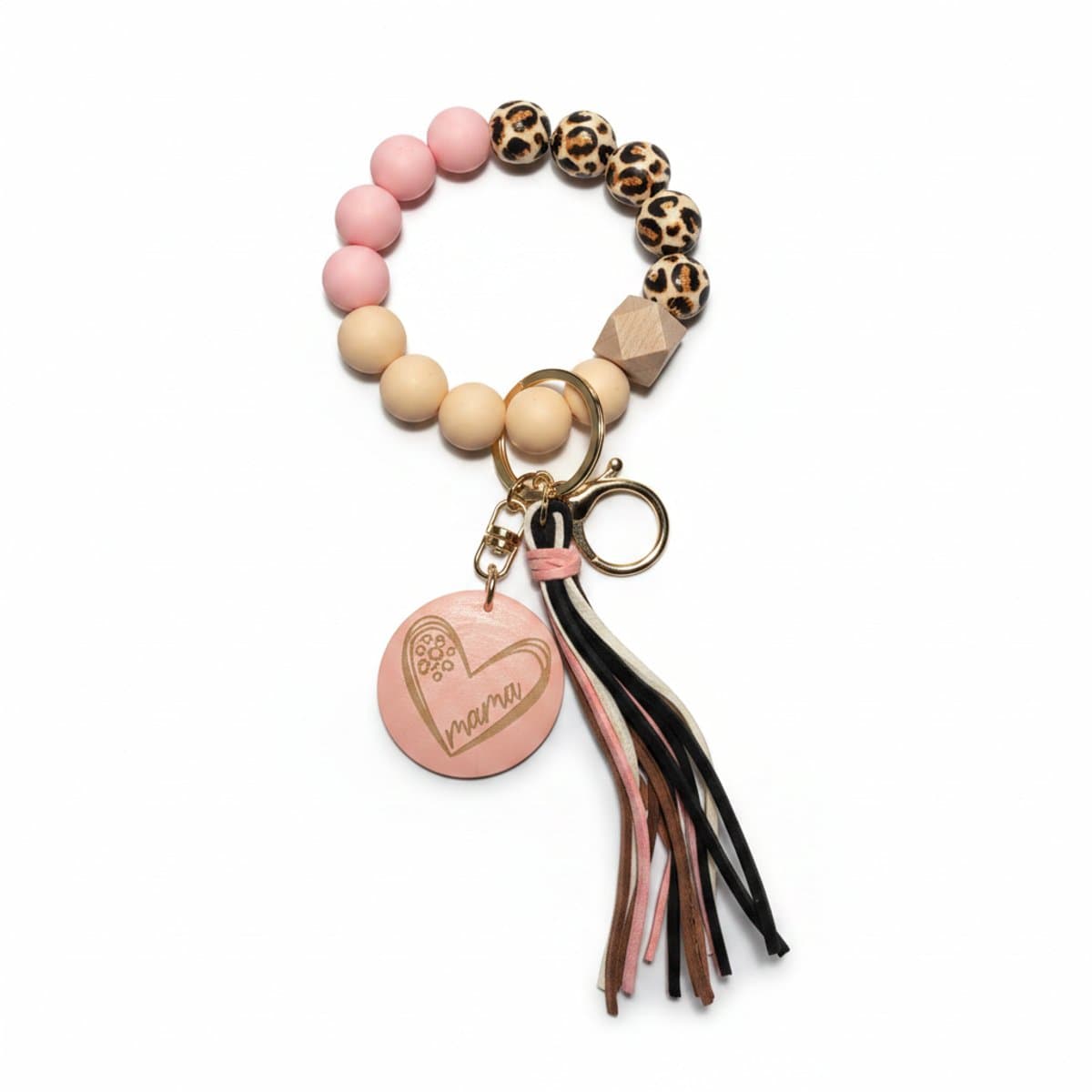 Beaded silicone wristlet keychain with leopard print and 'Mama' heart charm, chic mom fashion accessory available at handpicked306 boutique in Carlyle SK.