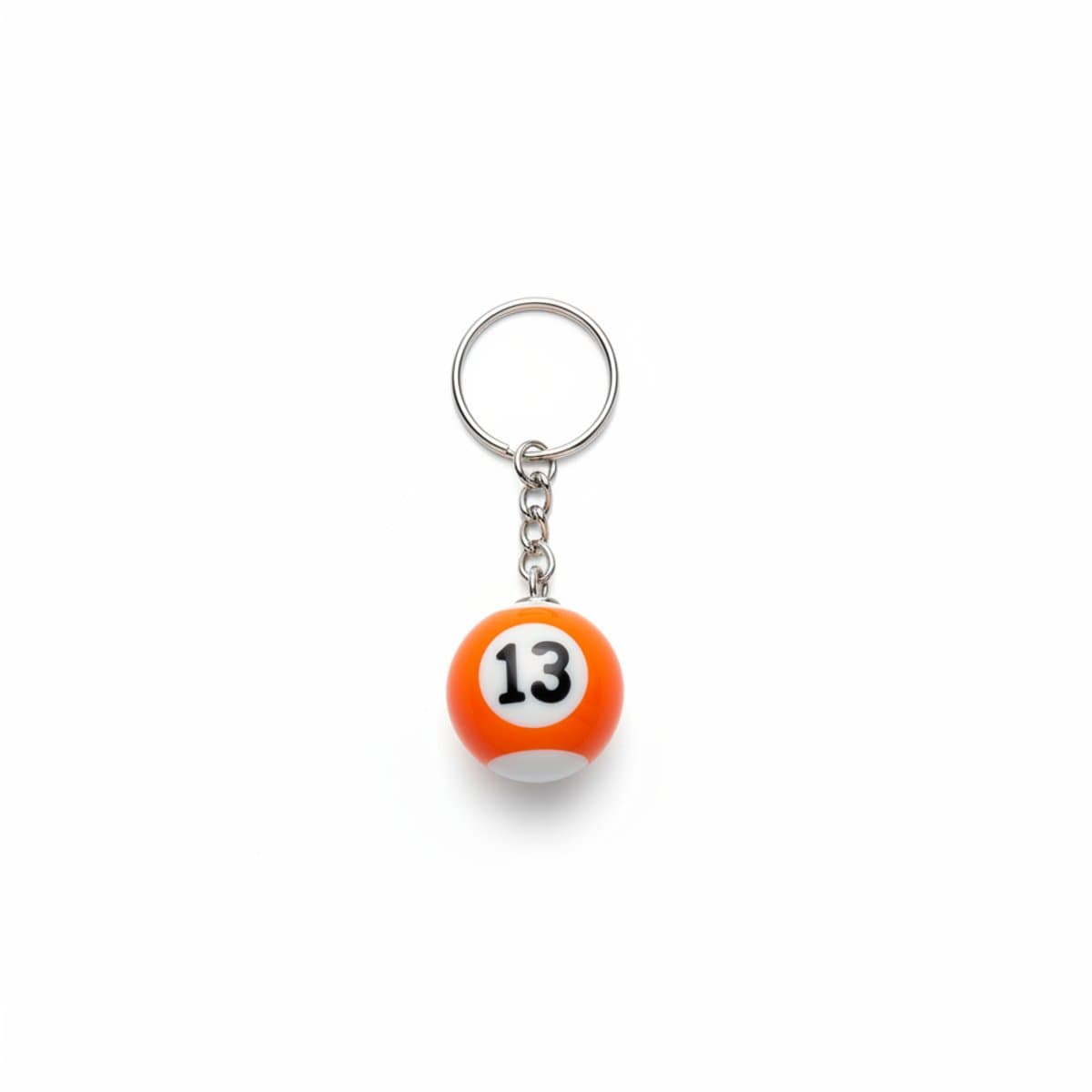 Vintage orange and white number 13 billiard ball keychain, retro novelty accessory for bags and keys, available at handpicked306 boutique.