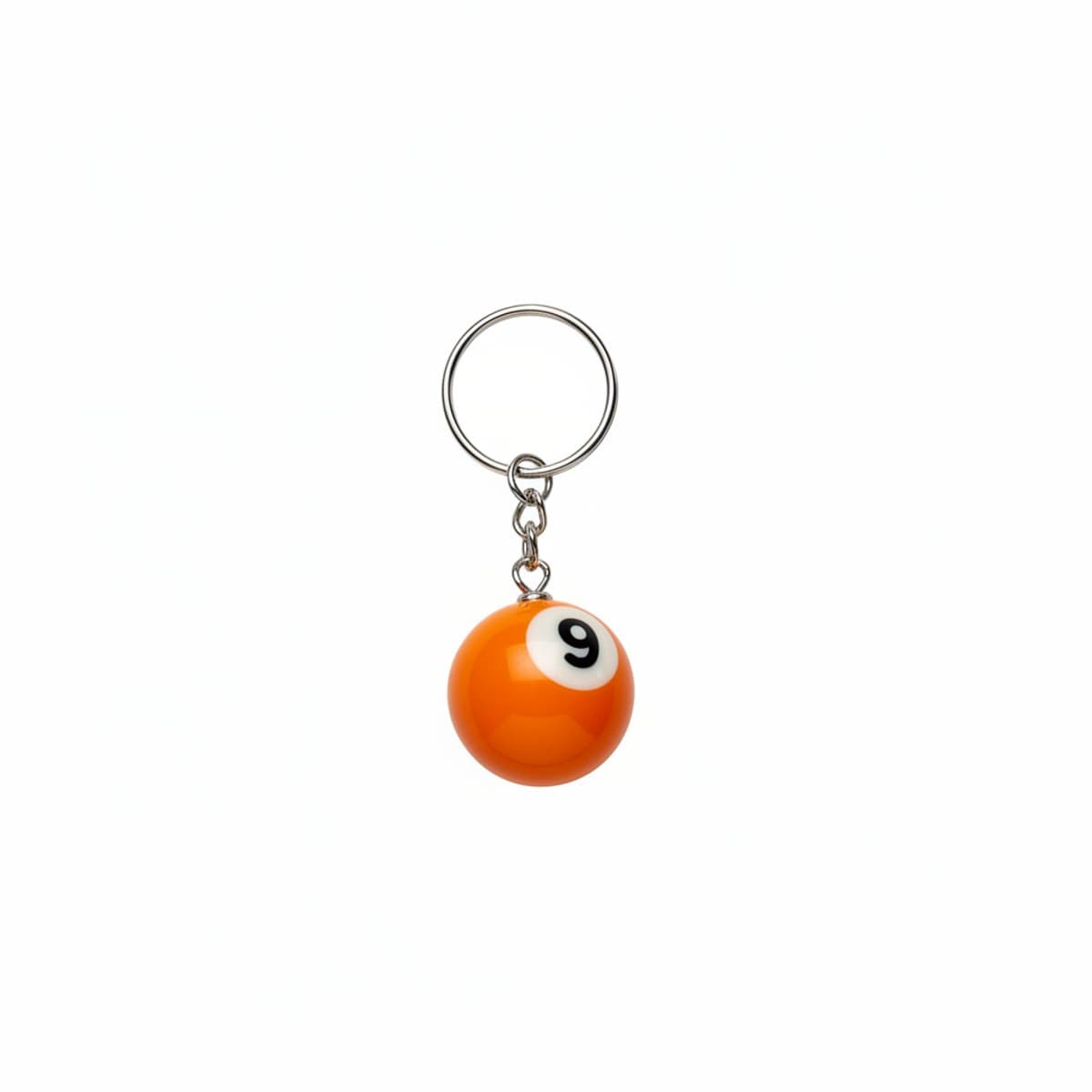 Retro 9-ball billiard keychain with orange and white finish, attached to a steel split ring, available at handpicked306 boutique in Carlyle SK.